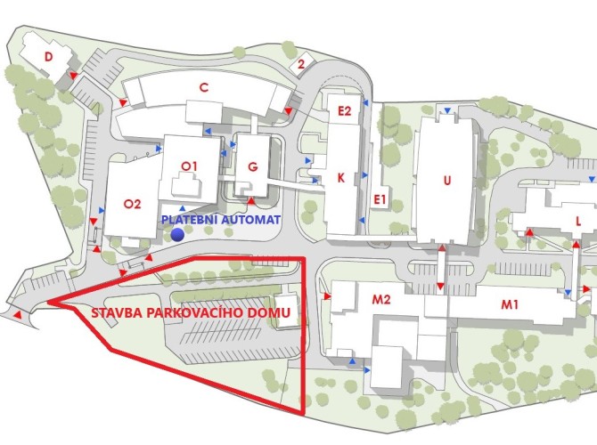 Mapa areálu Nemocnice Třebíč - vyznačení stavby parkovacího domu