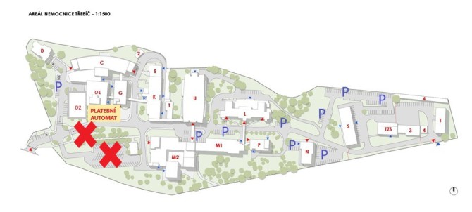 Mapa areálu Nemocnice Třebíč - vyznačení stavby parkovacího domu Mapa areálu Nemocnice Třebíč - vyzn