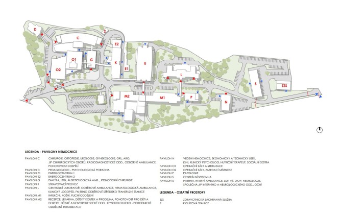 Mapa areálu Nemocnice, popis oddělení